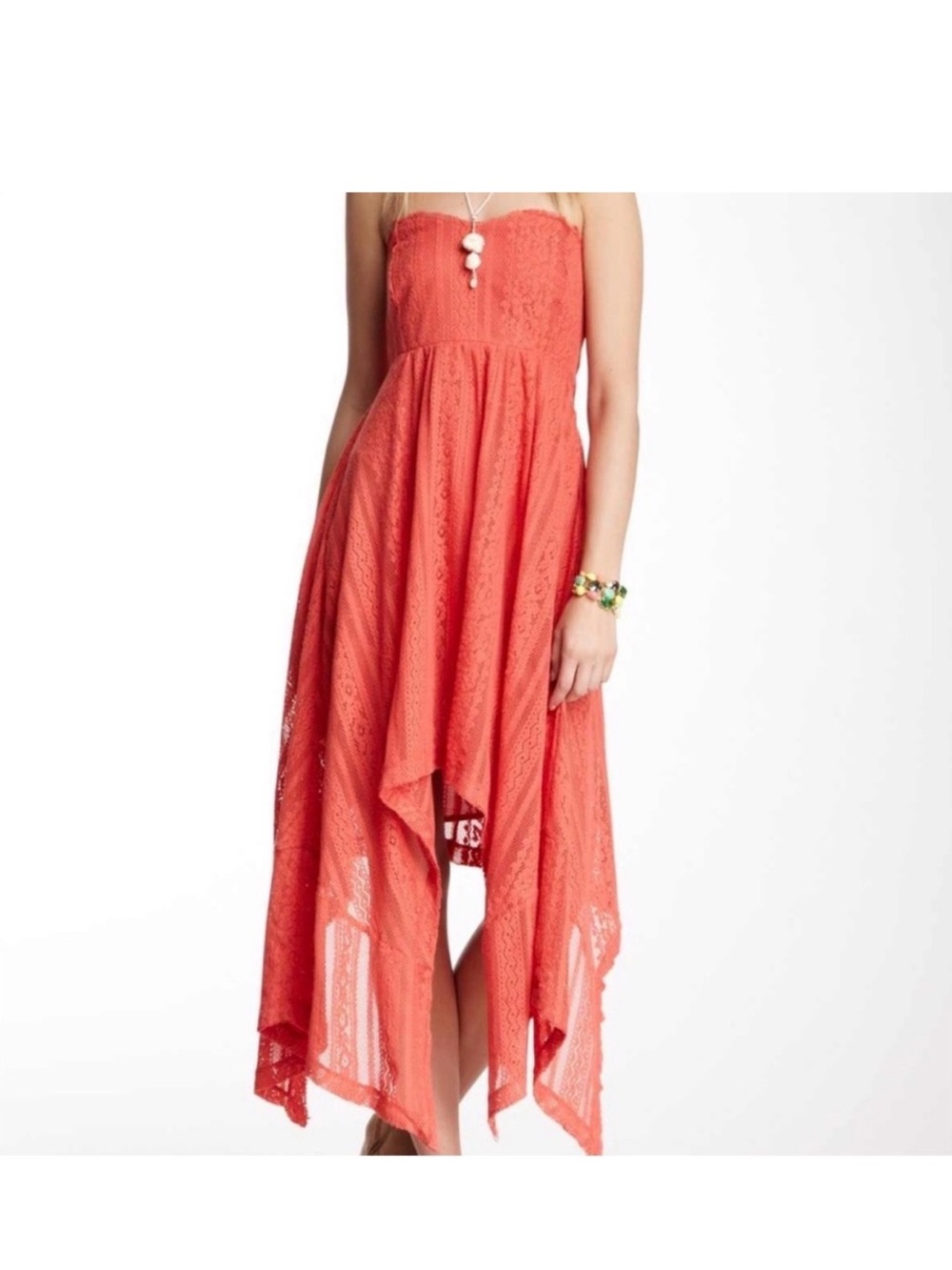 Free People Boho Strapless Coral Lace Handkerchief Hem Dress